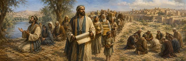 Ezra leads returning families after prayer by the river and later mourns with Jerusalem's leaders